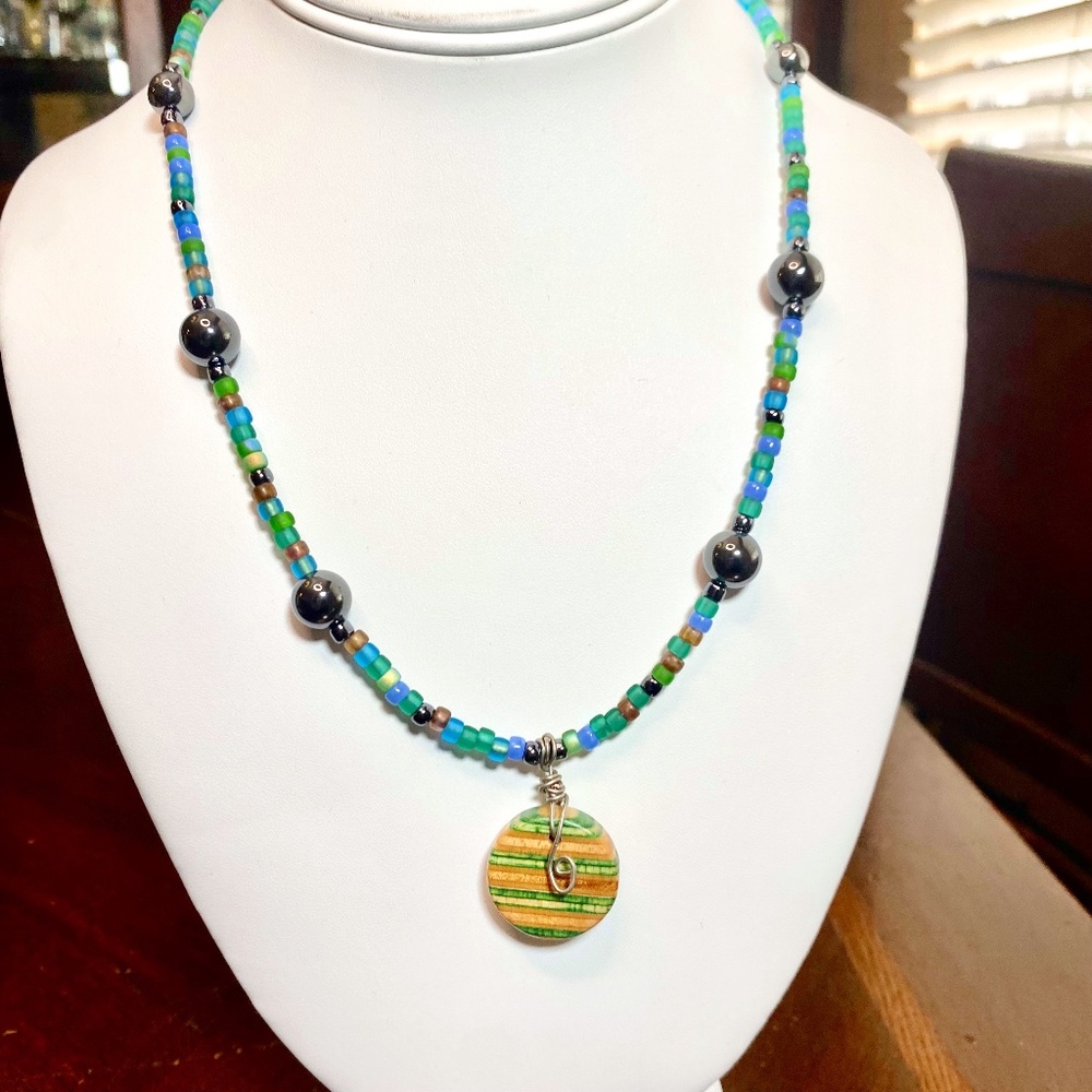Hand Crafted Recycled Surfboard Disc Pendant Glass & Hematite Necklace
